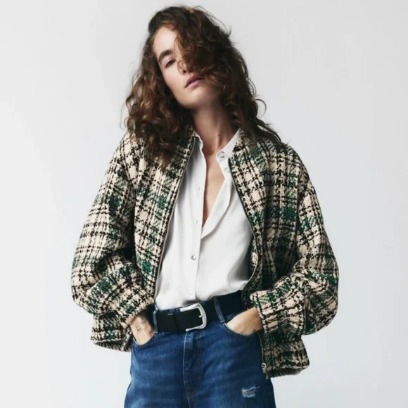 Zara plaid textured tweed bomber jacket XL New